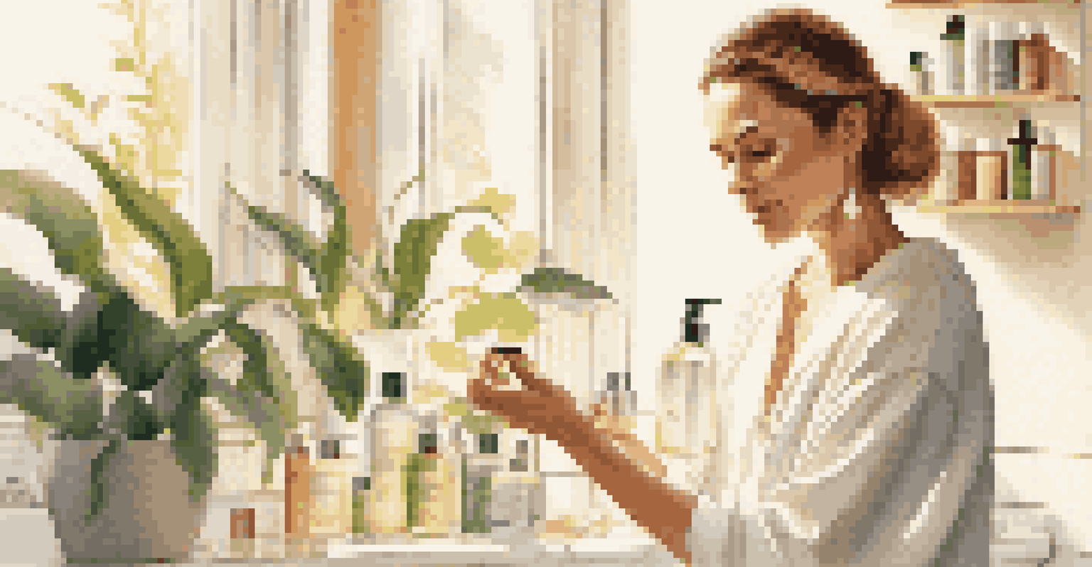 A woman applying clean beauty serum in a sunlit bathroom with plants and eco-friendly products.