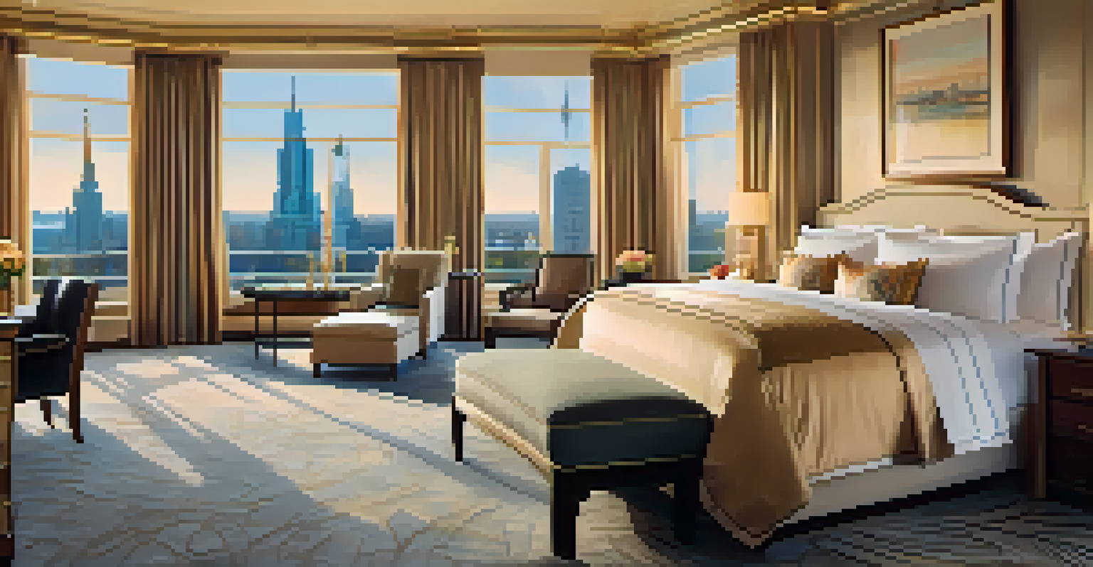 An elegant hotel room with a king-sized bed and a panoramic city view.