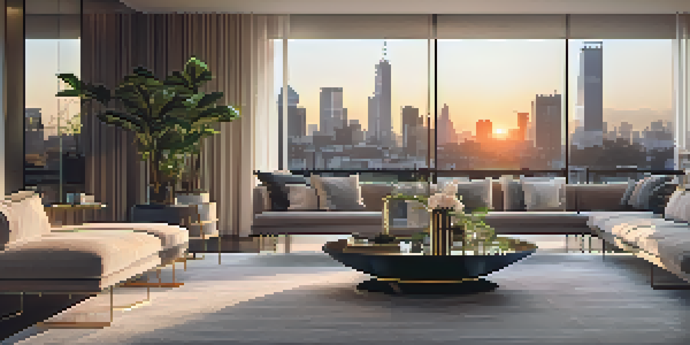 A modern and luxurious living room with plush furniture and a view of a city skyline at sunset.