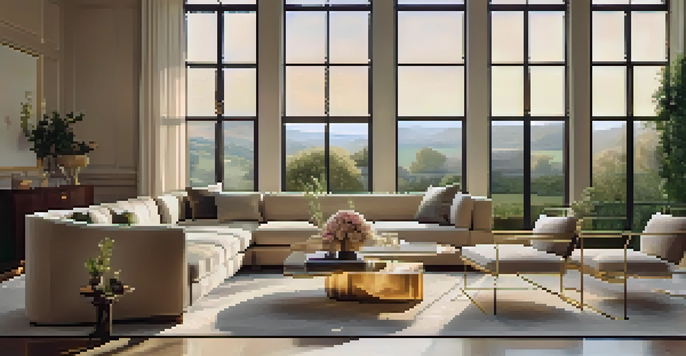 A bright and spacious luxurious living room with modern furniture and a garden view.