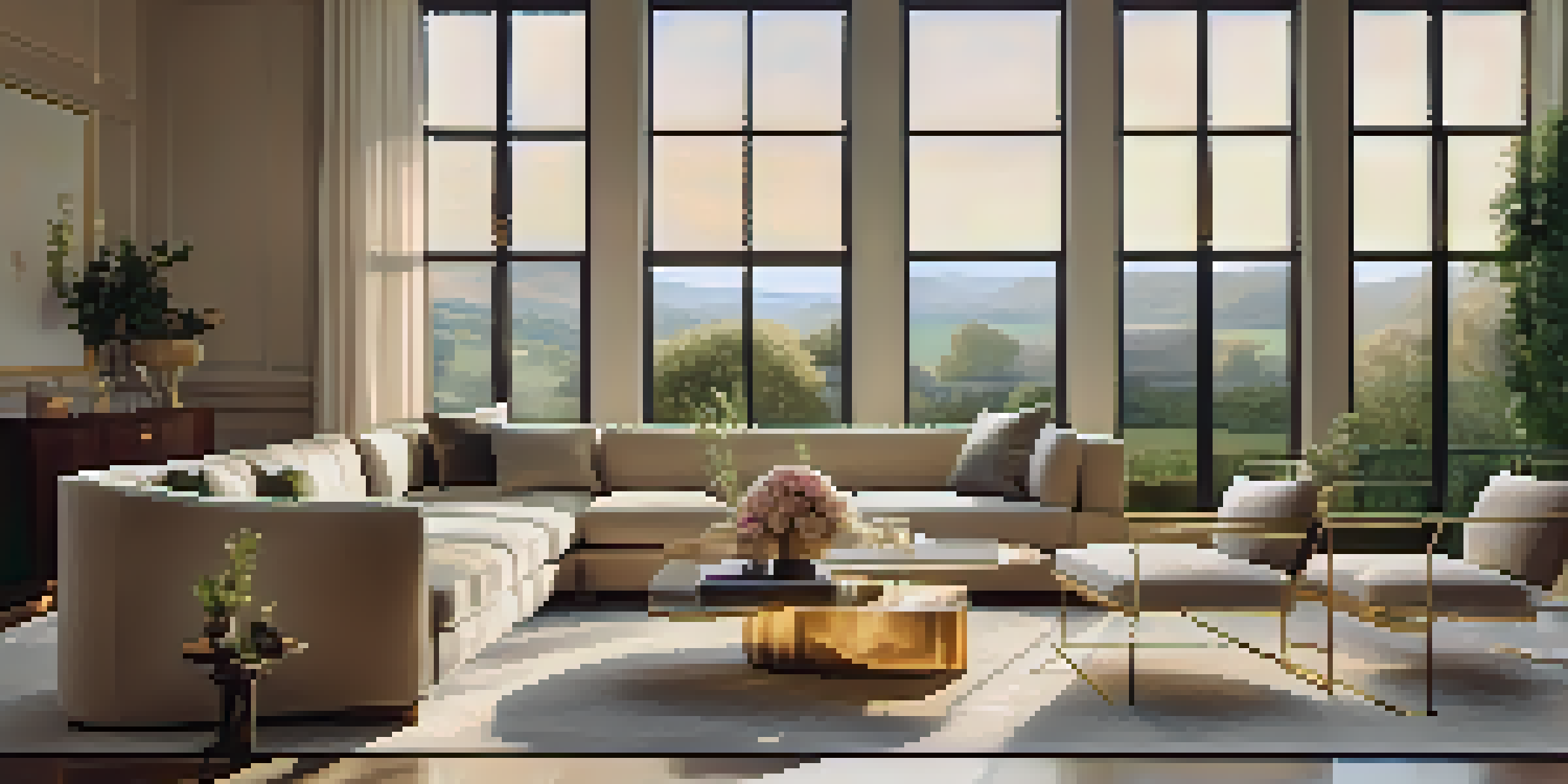 A bright and spacious luxurious living room with modern furniture and a garden view.