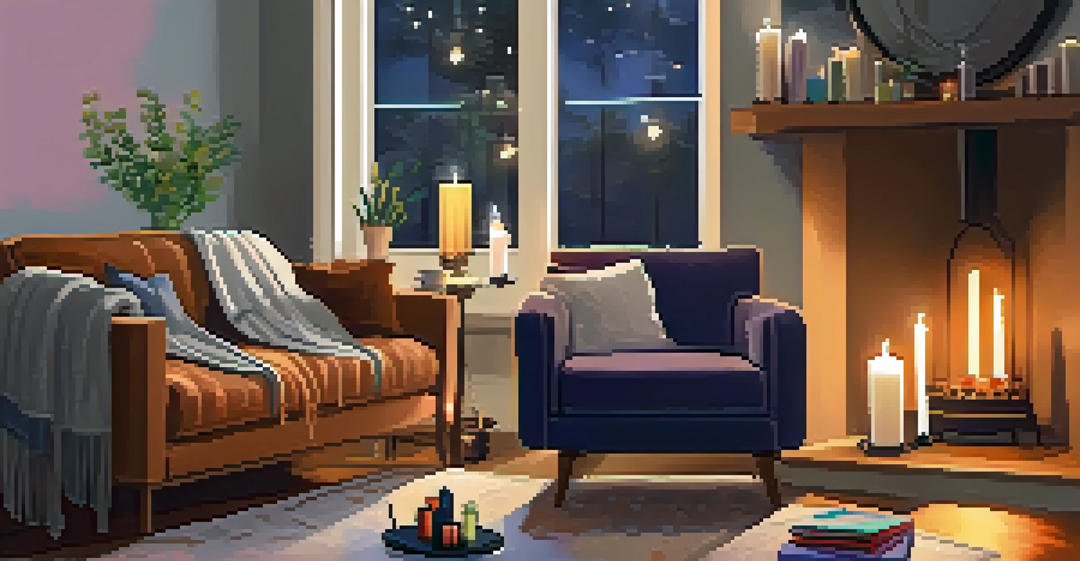 A cozy home aromatherapy setup with a diffuser, essential oil bottles, candles, and warm lighting.