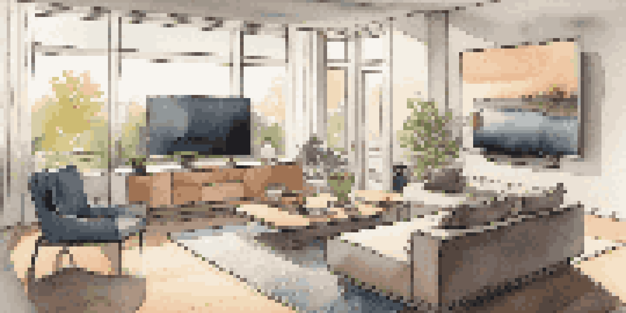 A contemporary living room with a smart TV, cozy sofa, and ambient lighting, creating a warm and inviting space.