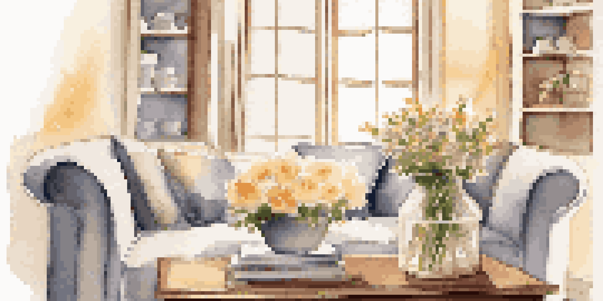 A cozy living room with a vanilla-scented candle on a wooden table, soft lighting, and fresh flowers.