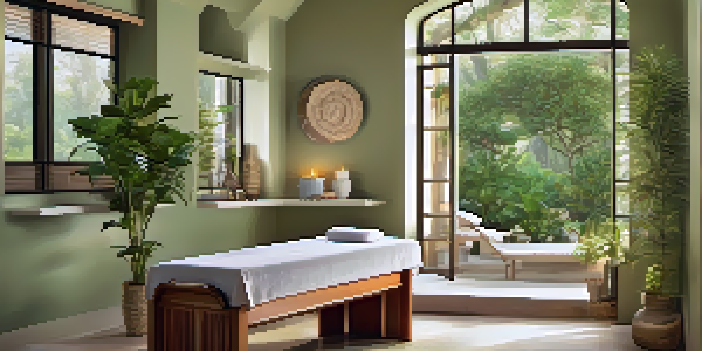 A peaceful massage room in a spa with soft lighting, plants, and a massage table, designed for relaxation.