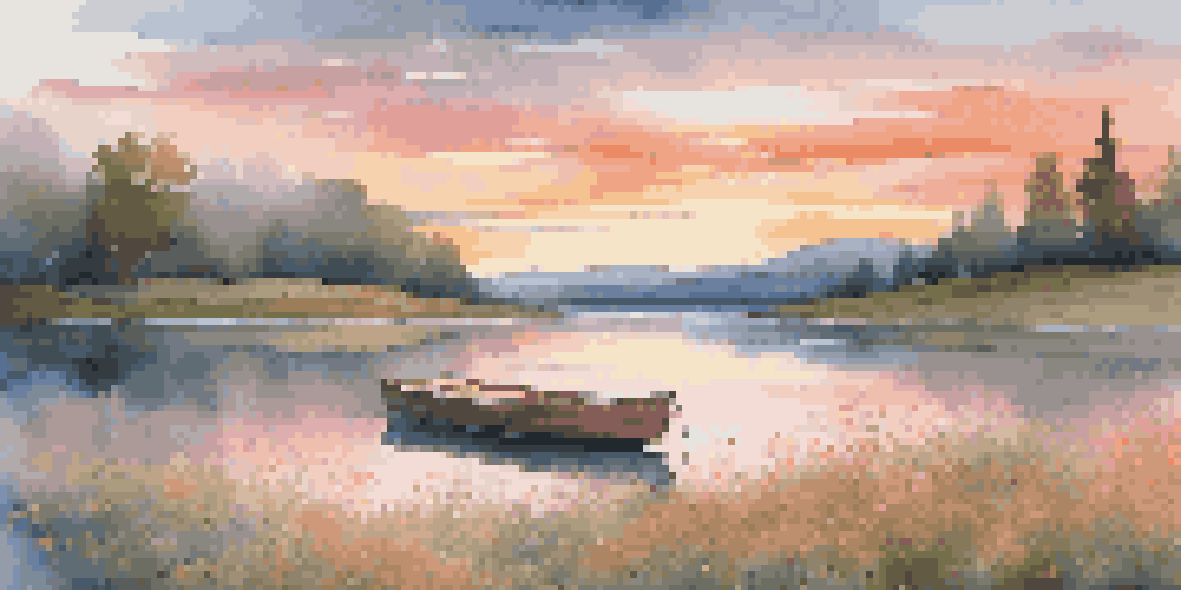 A serene landscape with rolling hills, a colorful sunset sky, and a tranquil lake with a small boat and wildflowers in the foreground.