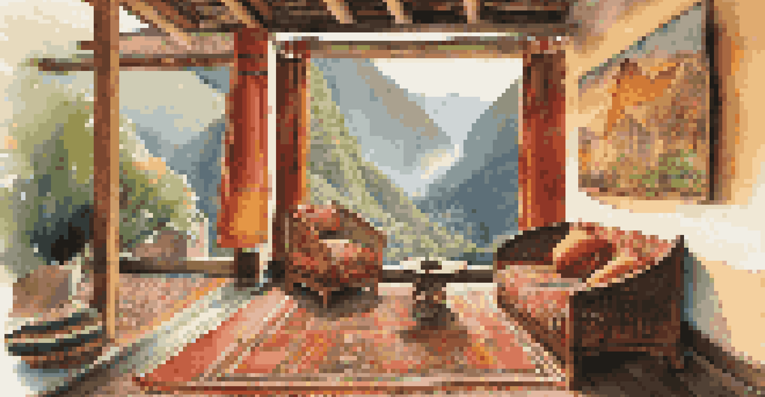A luxurious hotel room with floor-to-ceiling windows offering views of Machu Picchu, decorated with traditional Peruvian textiles.
