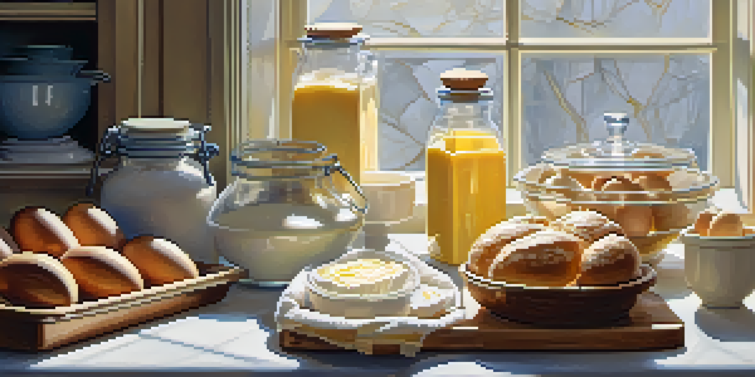 A baking workstation with flour, sugar, butter, and a freshly baked pastry on a cooling rack, illuminated by soft morning light.