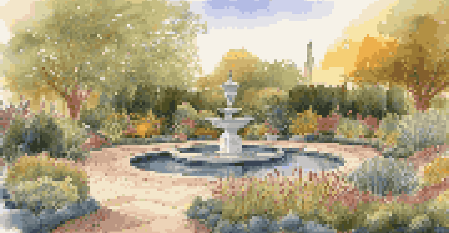 An elegantly designed garden layout with drought-resistant plants, featuring a fountain and sculpture, illuminated by the golden light of sunset.