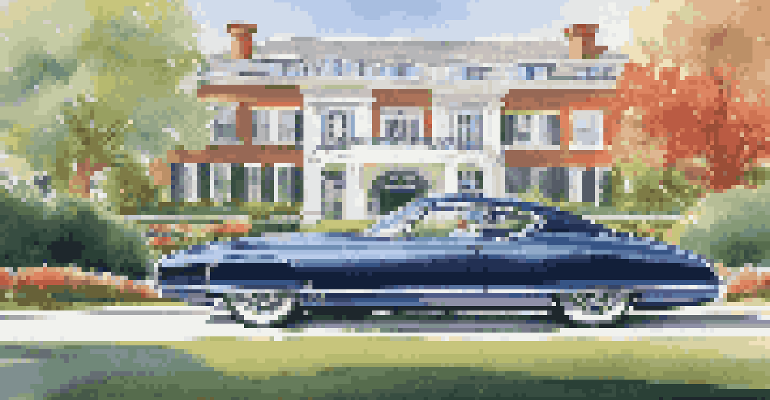 A luxury car parked in front of a modern mansion with a beautiful garden.