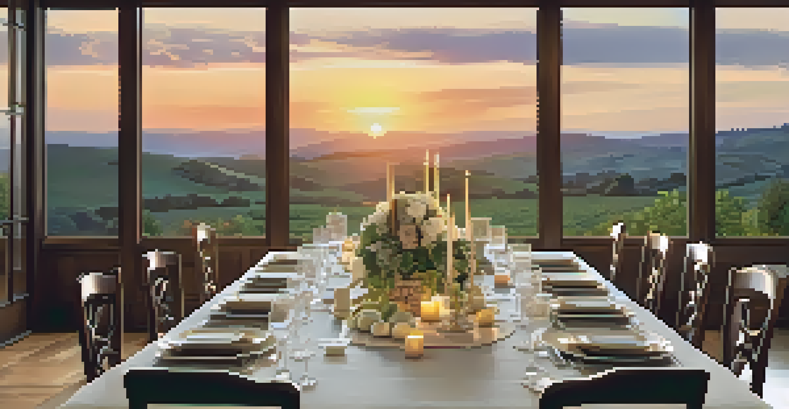 A dining room elegantly set for dinner with candlelight and a view of a sunset.