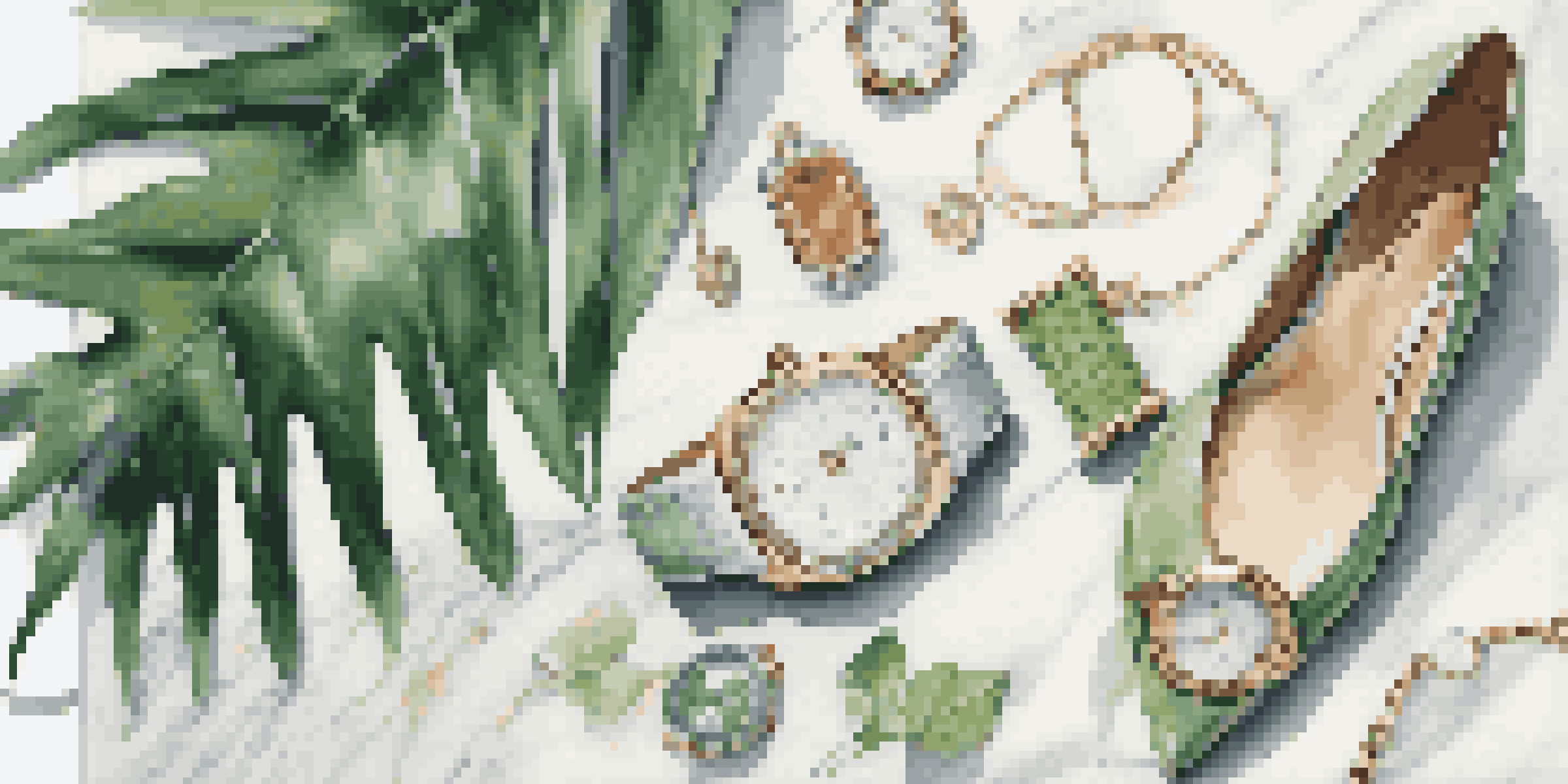An artistic arrangement of luxury fashion items including a handbag, high heels, and a wristwatch on a marble surface, with natural lighting and green leaves.