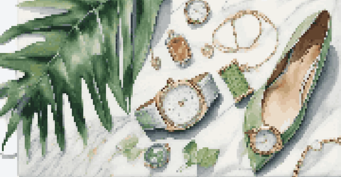 An artistic arrangement of luxury fashion items including a handbag, high heels, and a wristwatch on a marble surface, with natural lighting and green leaves.