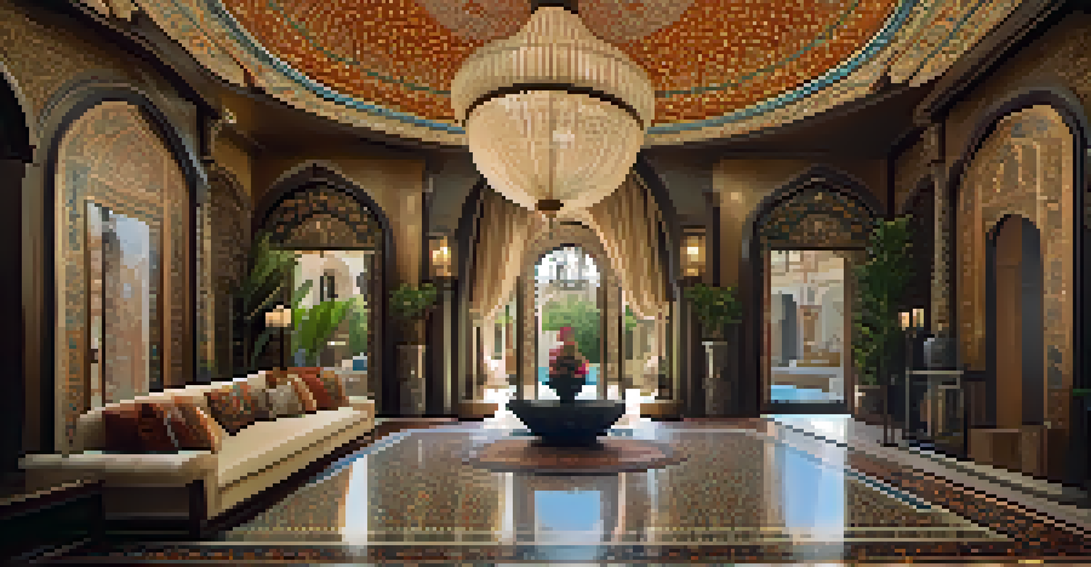 A grand foyer with intricate mosaic tiles, silk curtains, and ornate architecture, embodying Middle Eastern luxury.