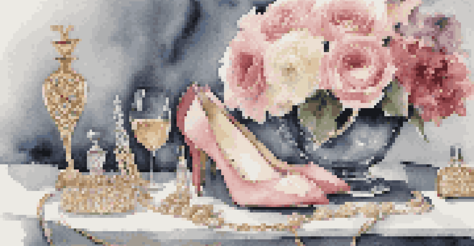 Luxury fashion items including high-heeled shoes, a handbag, and a necklace displayed on a velvet surface.