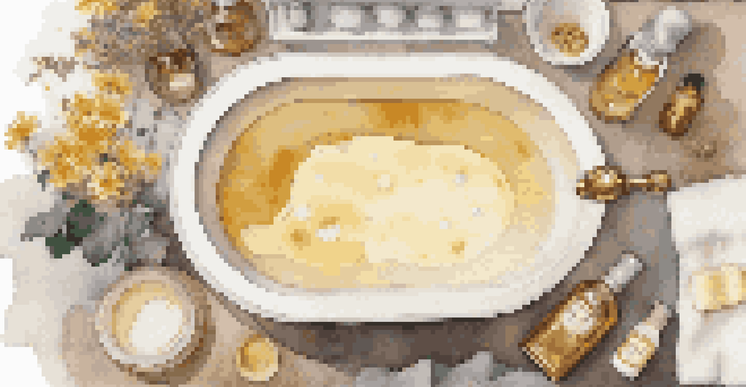 An overhead view of a bathtub filled with milk, oats, and honey, with essential oils and flowers nearby.