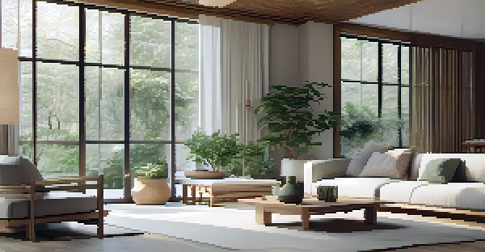 A bright and serene contemporary living room with natural light, an indoor garden, and minimalist furniture.