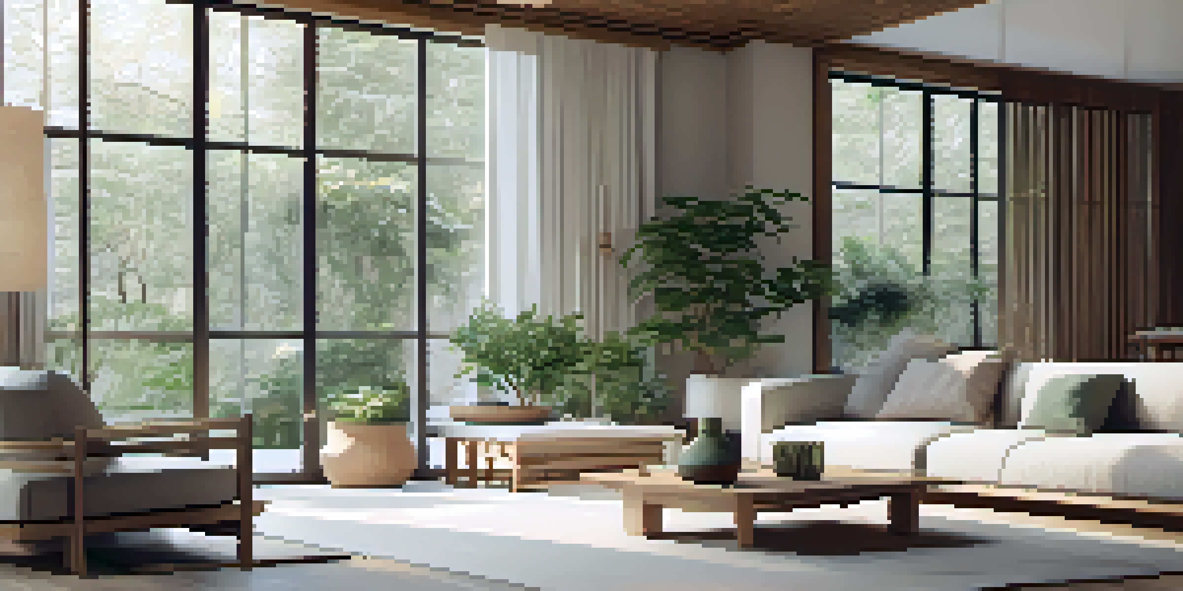 A bright and serene contemporary living room with natural light, an indoor garden, and minimalist furniture.