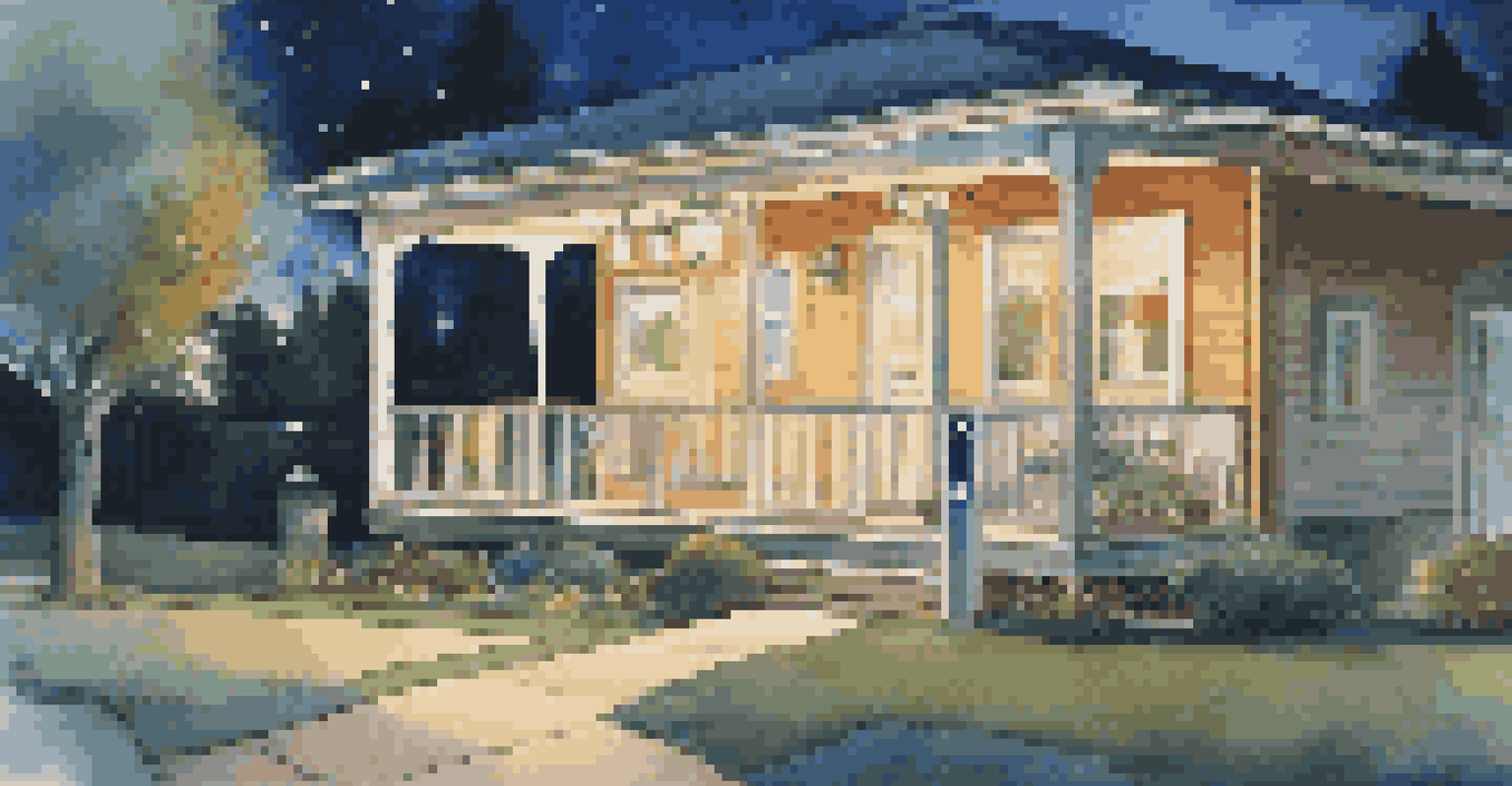 An exterior view of a house featuring a smart security camera, motion sensors, and lights illuminating the pathway during twilight.