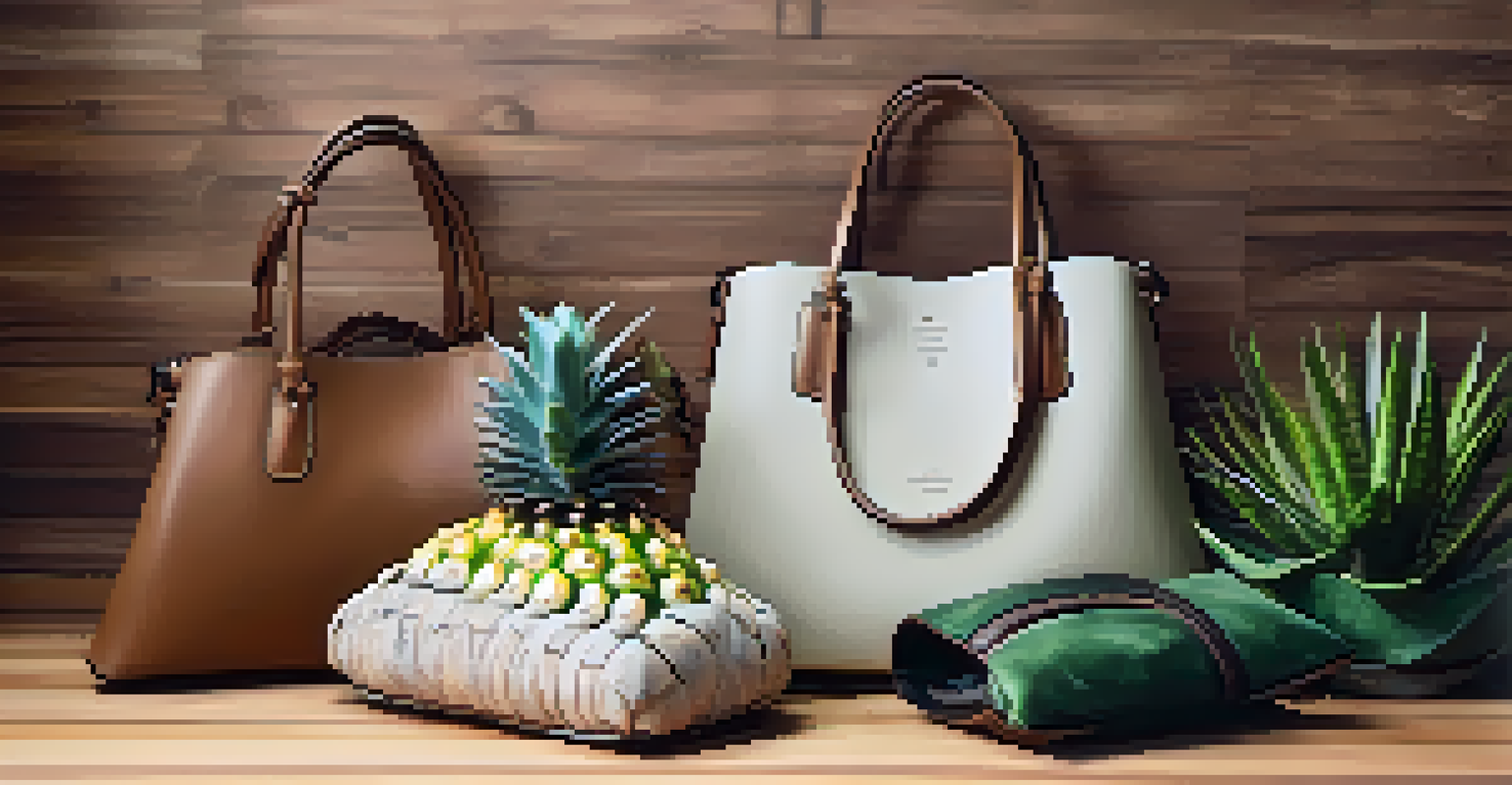 A flat lay of vegan leather handbags made from mushrooms and pineapple leaves, surrounded by succulents and eco-friendly fashion magazines.