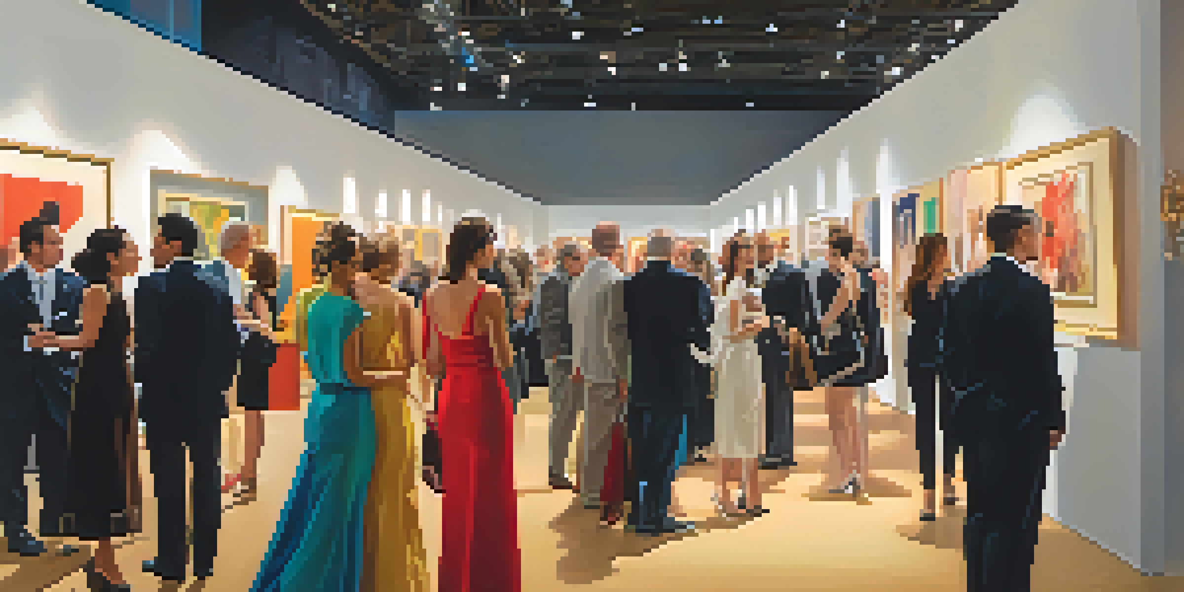 A lively luxury art fair with elegantly dressed attendees interacting around modern art displays in a warm, inviting environment.