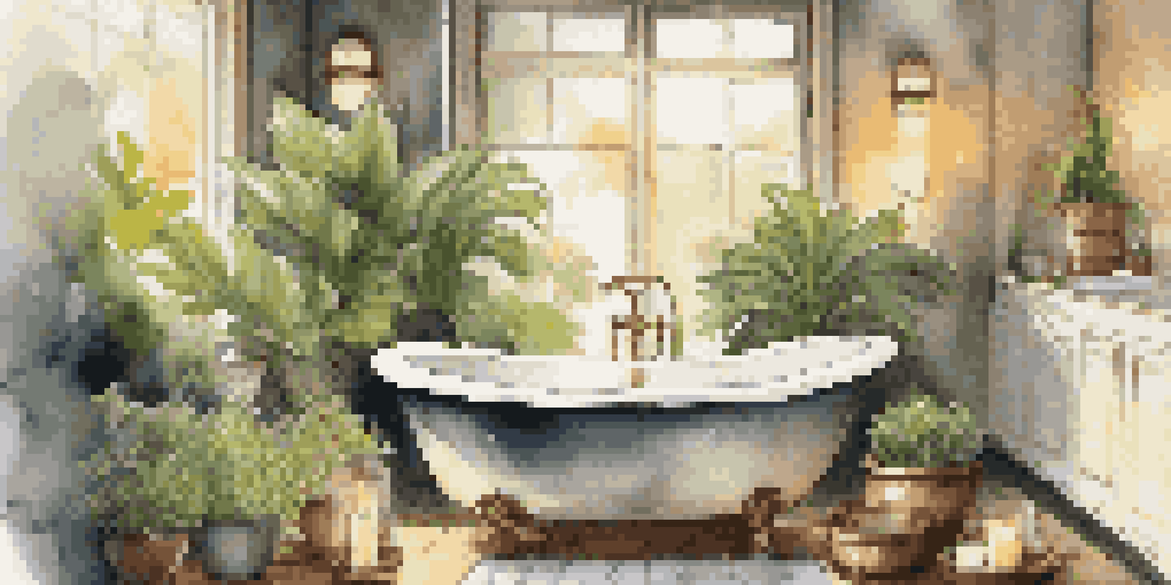 A cozy bathroom with warm candlelight, a bubble-filled bathtub, and a tray of herbal tea and sliced fruits, surrounded by plants.