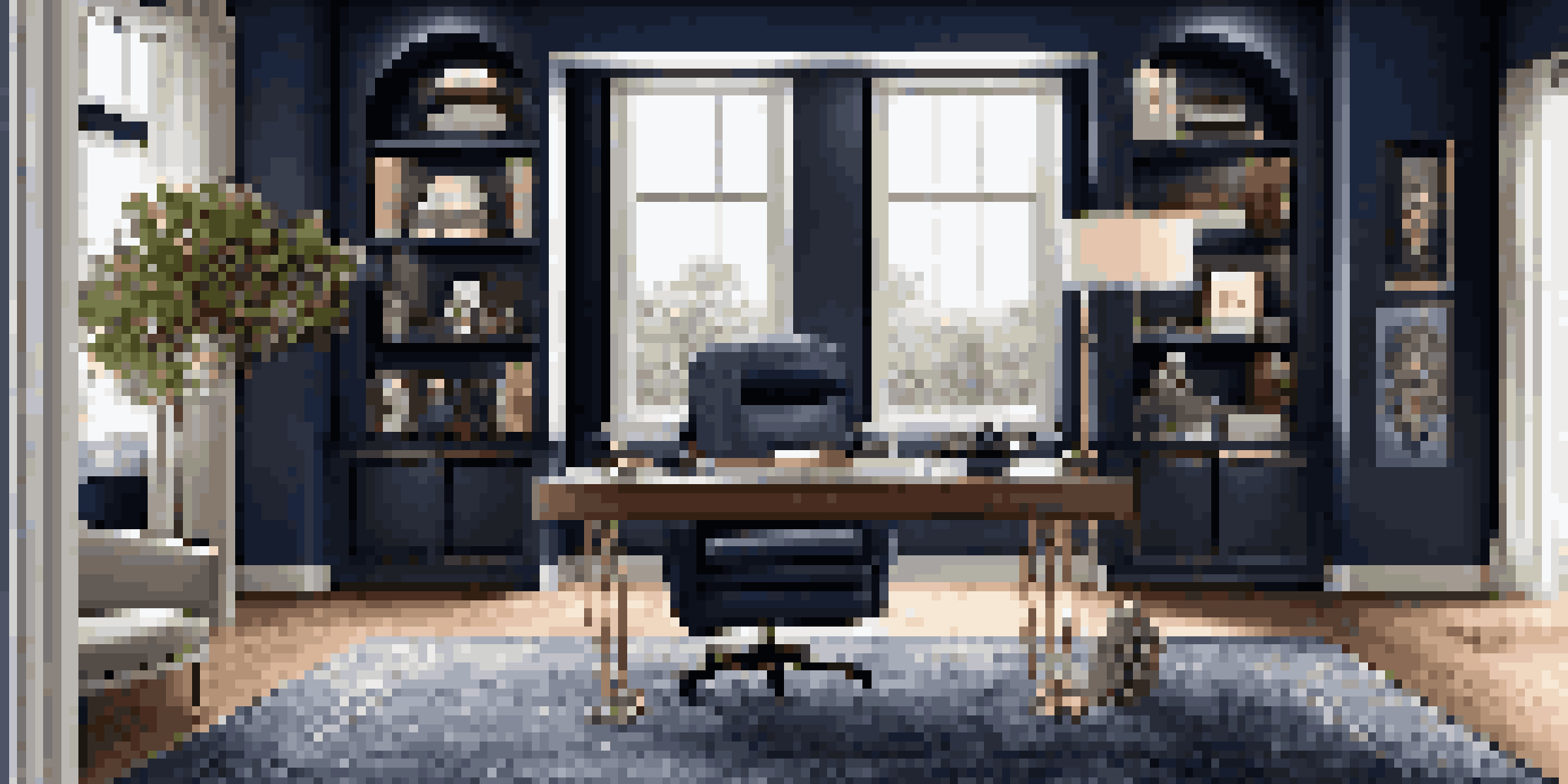 A sophisticated home office with a navy accent wall, a modern wooden desk, and a leather chair, illuminated by natural light.