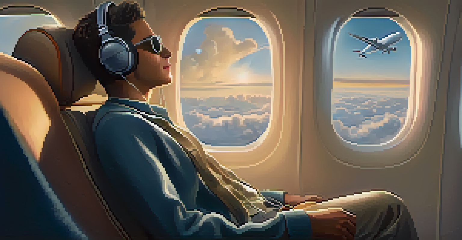 A relaxed traveler in an airplane, wearing headphones and a travel pillow, enjoying a peaceful moment with clouds visible through the window.