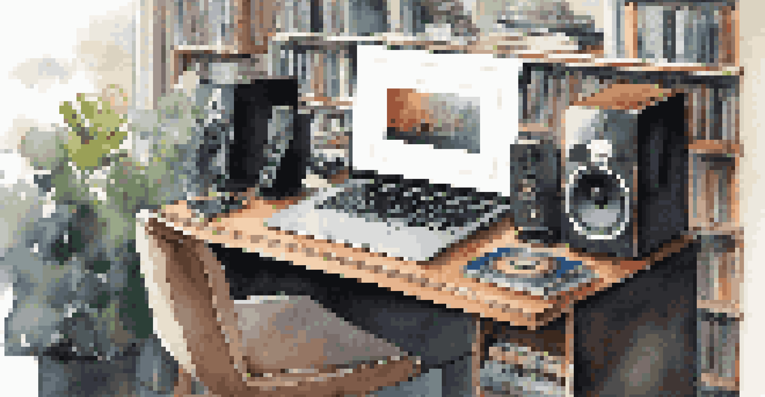 An audiophile workspace with a laptop, headphones, and a bookshelf filled with music books and records.