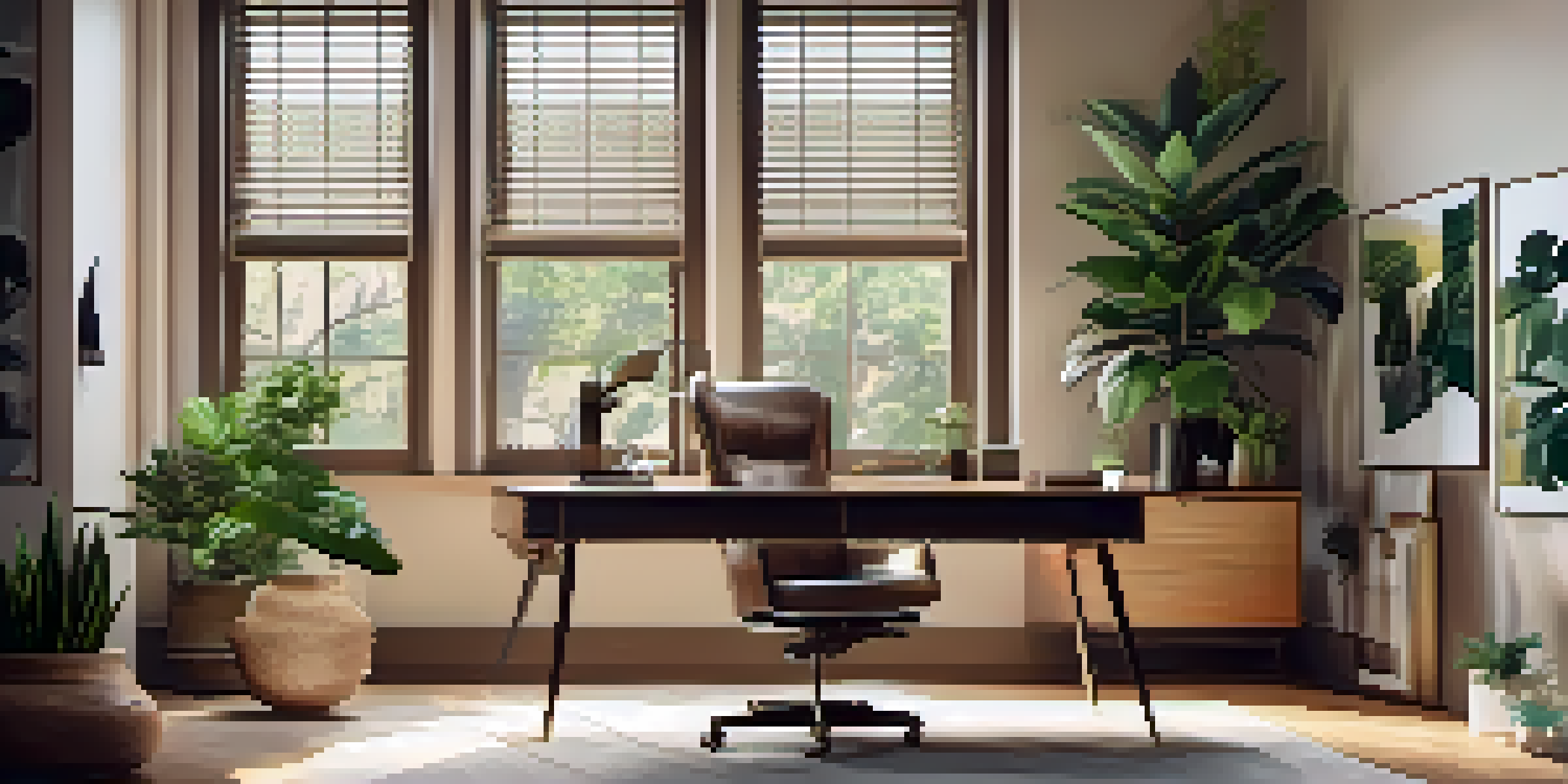 A modern home office with a wooden desk, green plants, and natural light coming through large windows.