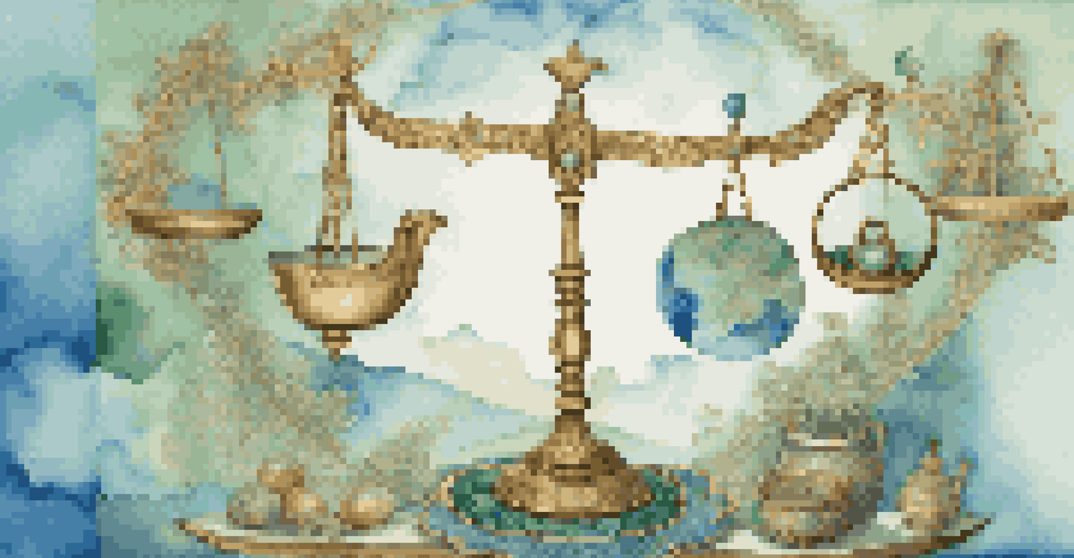 An artistic portrayal of life balance with a golden scale balancing work, family, and self-care symbols on a tranquil gradient background.