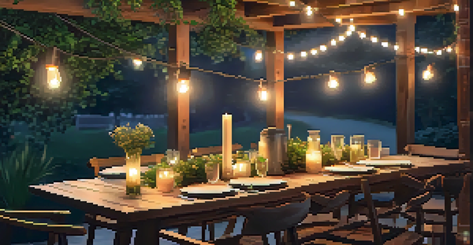 An outdoor dining area with string lights and candles, creating a warm and inviting atmosphere.