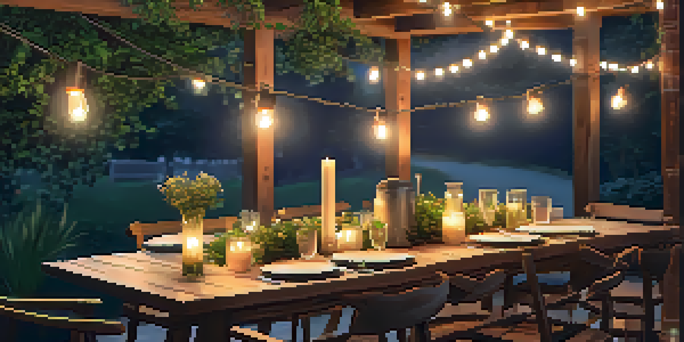 An outdoor dining area with string lights and candles, creating a warm and inviting atmosphere.