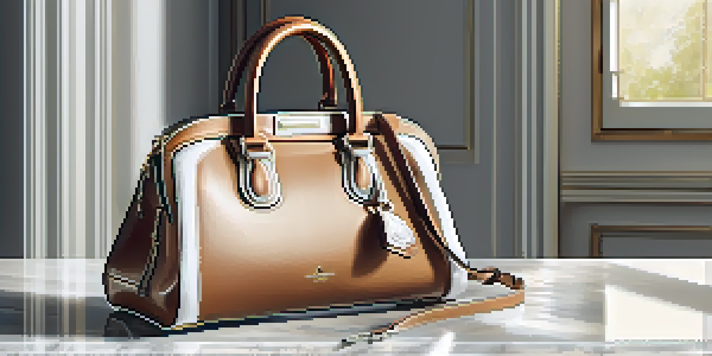 A luxurious leather handbag on a marble countertop with sunlight casting shadows.