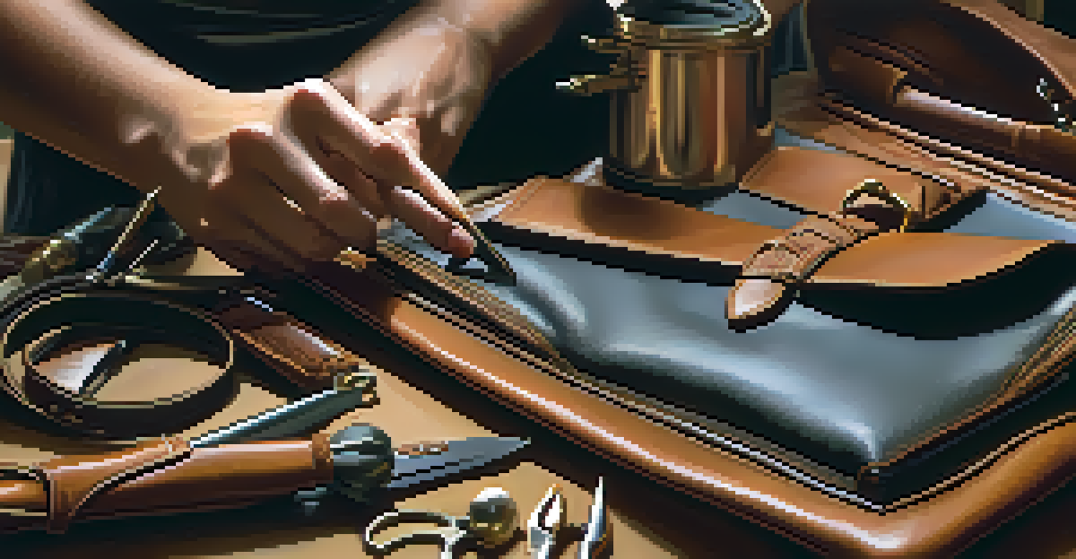A close-up of an artisan crafting a luxury handbag, focusing on the intricate stitching and leather textures, with hands and tools visible.