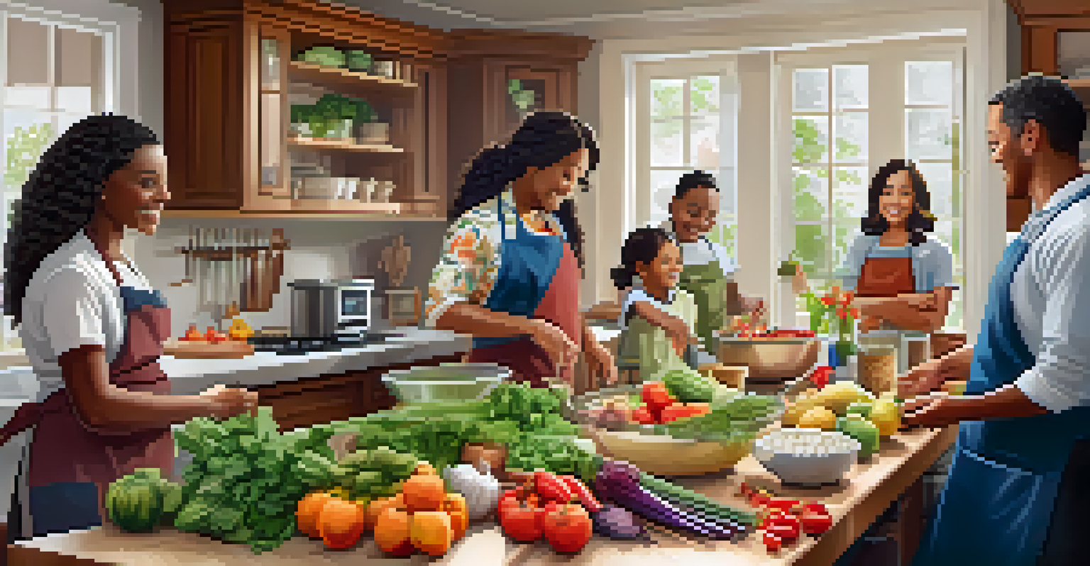 A family enjoying a cooking class in a bright kitchen, preparing healthy meals together with fresh ingredients.