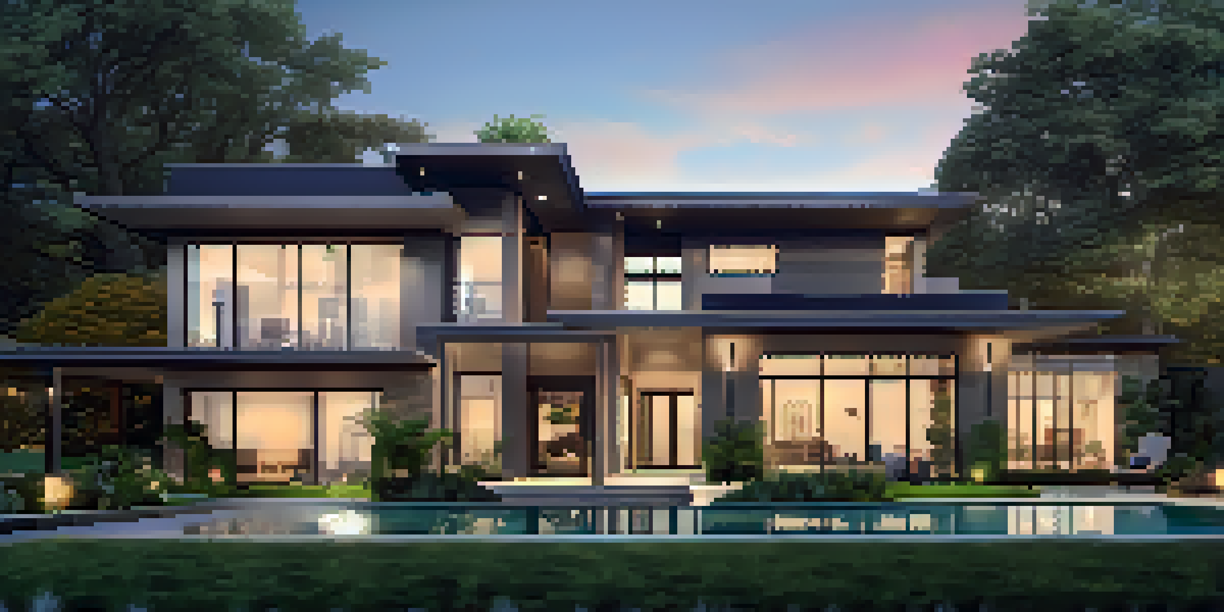 A modern luxury home illuminated at dusk, featuring large glass windows and outdoor lighting, with a discreet security camera visible.