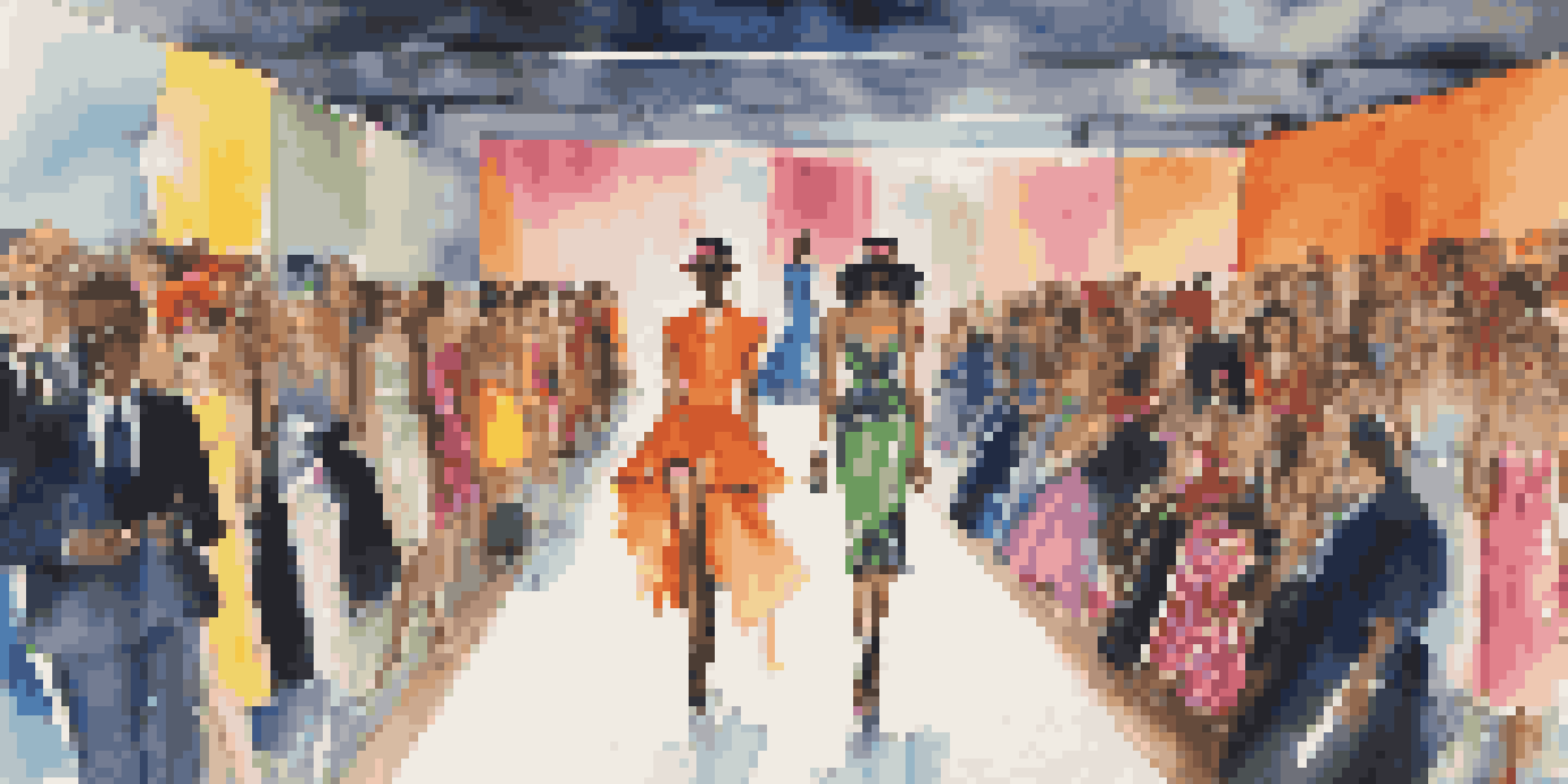 A colorful fashion show with models on a runway wearing bold 1990s inspired outfits, surrounded by an excited audience and bright stage lights.
