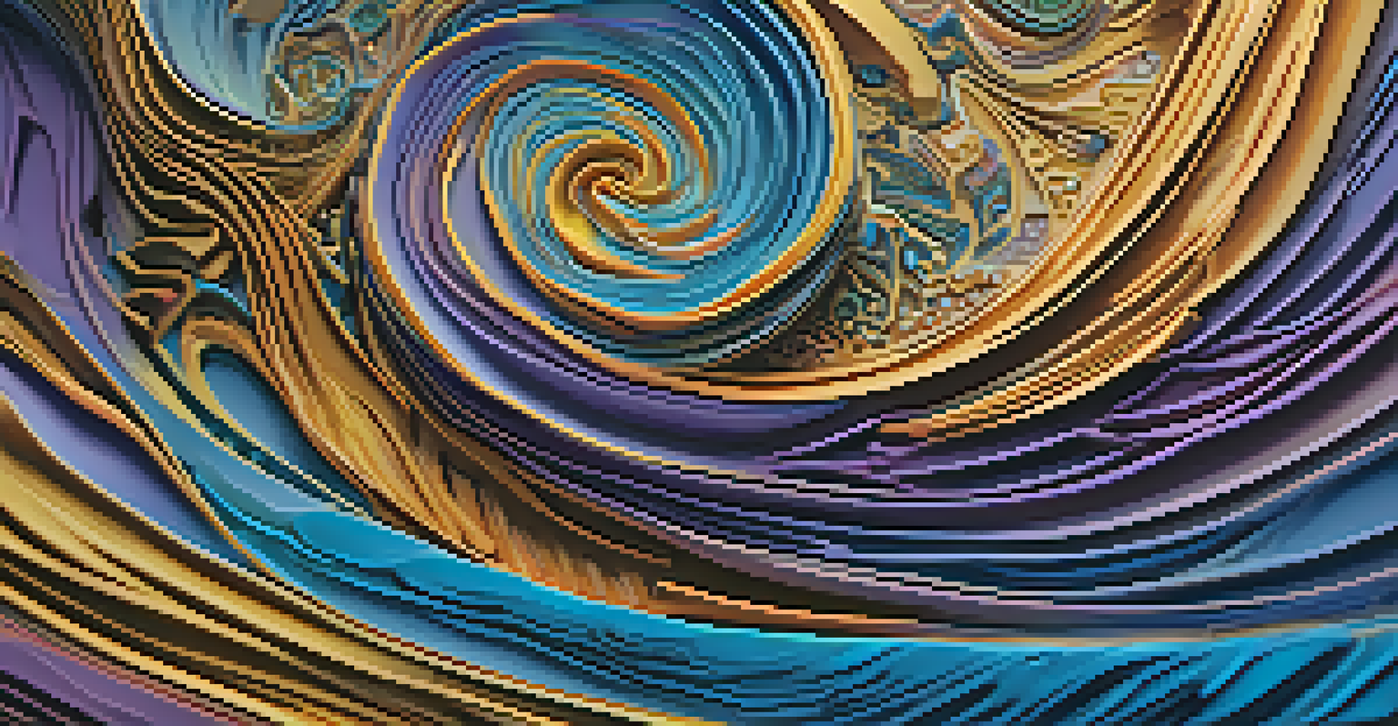 A close-up view of an abstract digital artwork with swirling colors and intricate three-dimensional patterns.