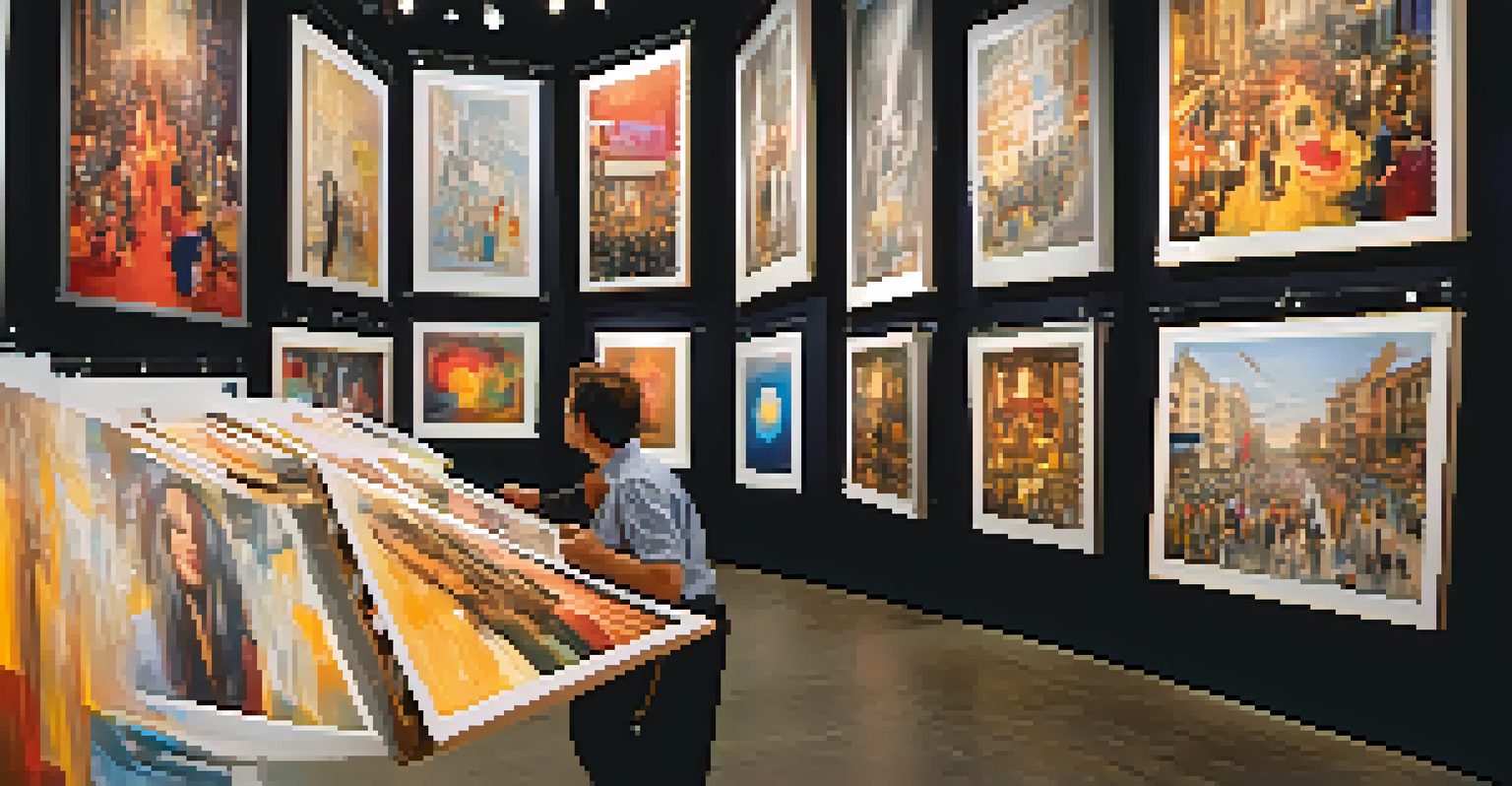 An artist enthusiastically explaining their artwork to a visitor in a busy art fair setting, with colorful paintings displayed in the booth.
