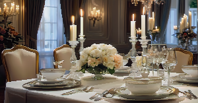 An elegantly set dining table with fine china, crystal glassware, and candles, creating a sophisticated atmosphere.