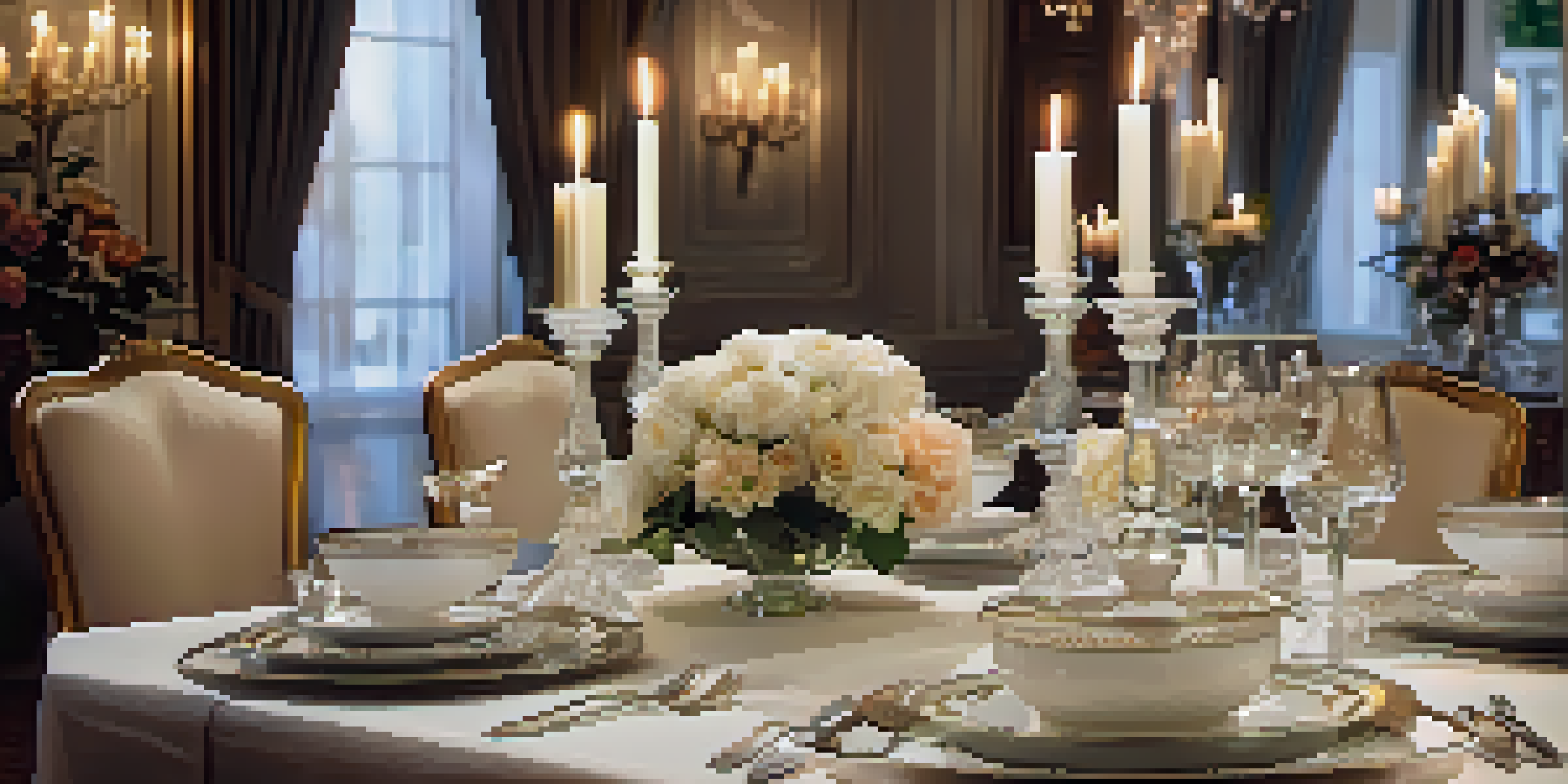 An elegantly set dining table with fine china, crystal glassware, and candles, creating a sophisticated atmosphere.