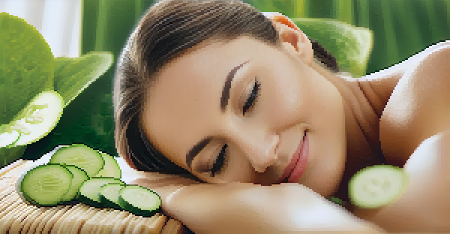 A woman receiving a facial treatment at a spa, with cucumber slices on her eyes and a relaxed expression.