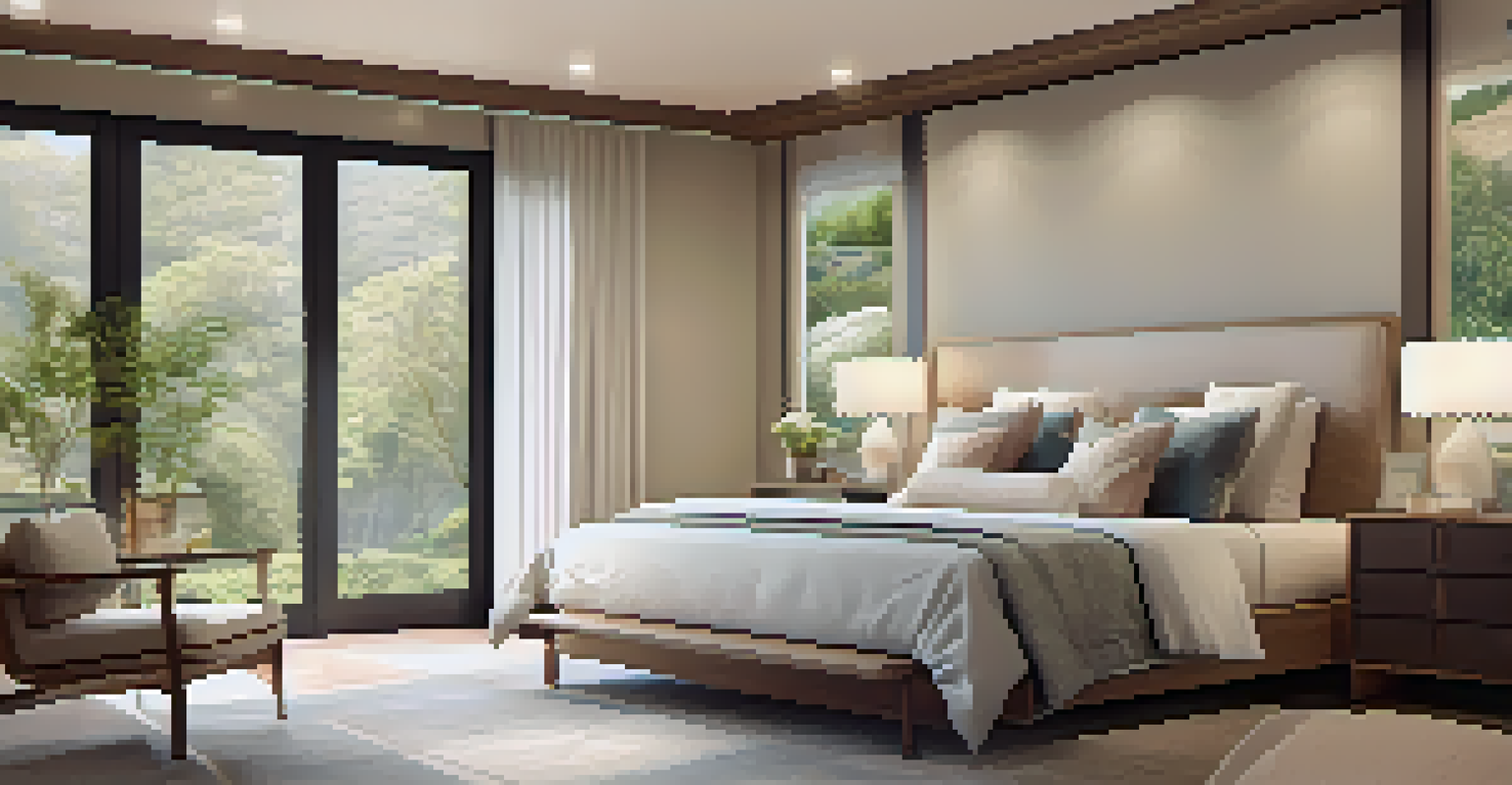 A wellness-focused bedroom featuring smart technology and calming decor.