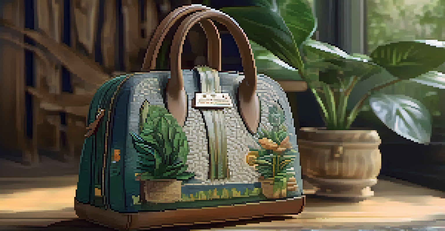 A close-up of a luxury handbag made from sustainable materials, displayed on a wooden surface with natural elements around it.