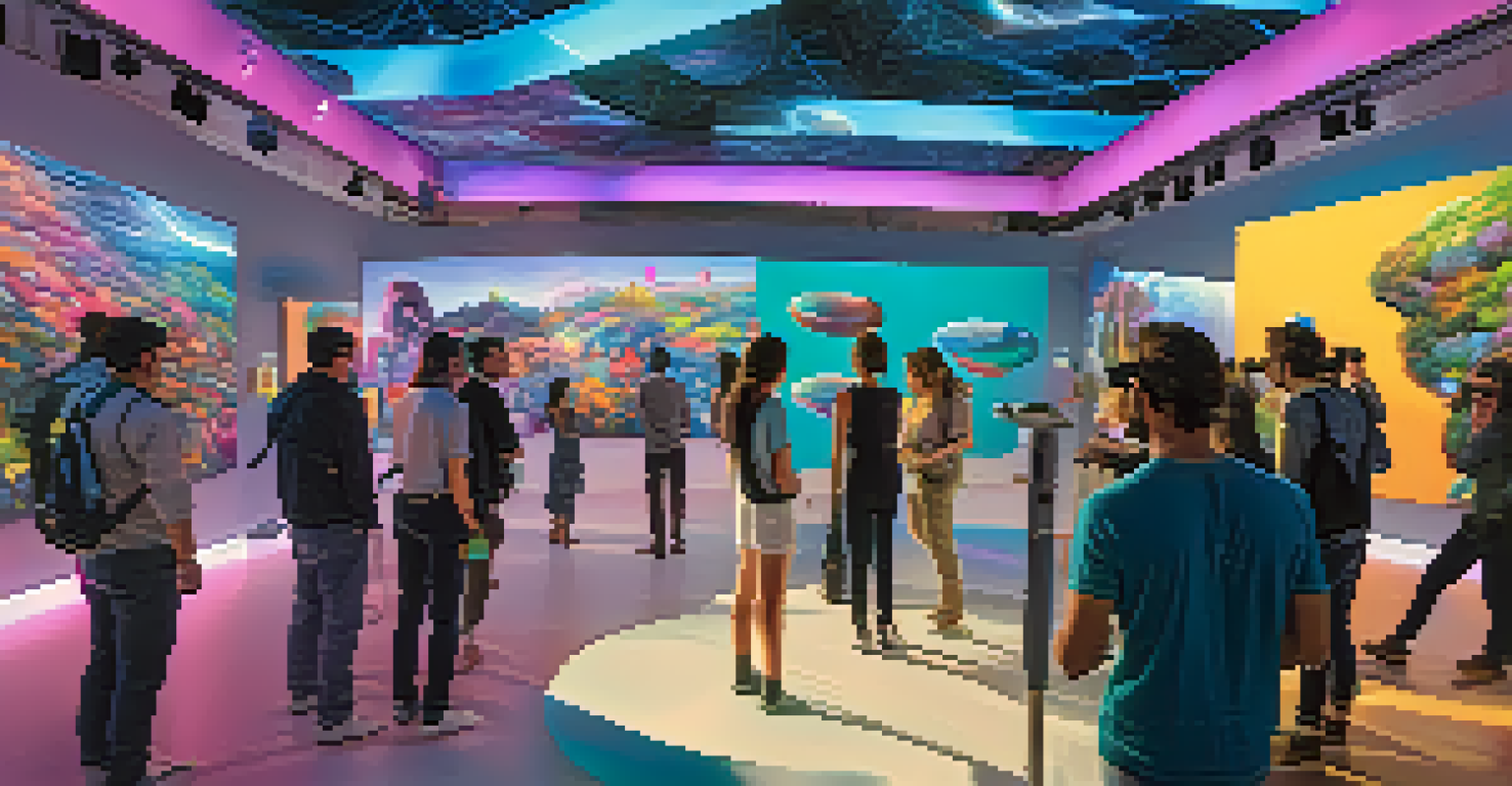 A futuristic art fair with visitors using virtual reality headsets, surrounded by digital art and holographic sculptures.