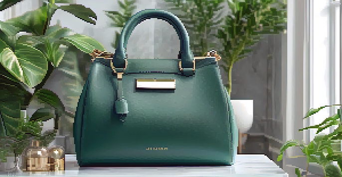 A vegan handbag made from plant-based leather on a marble surface with green plants around it.