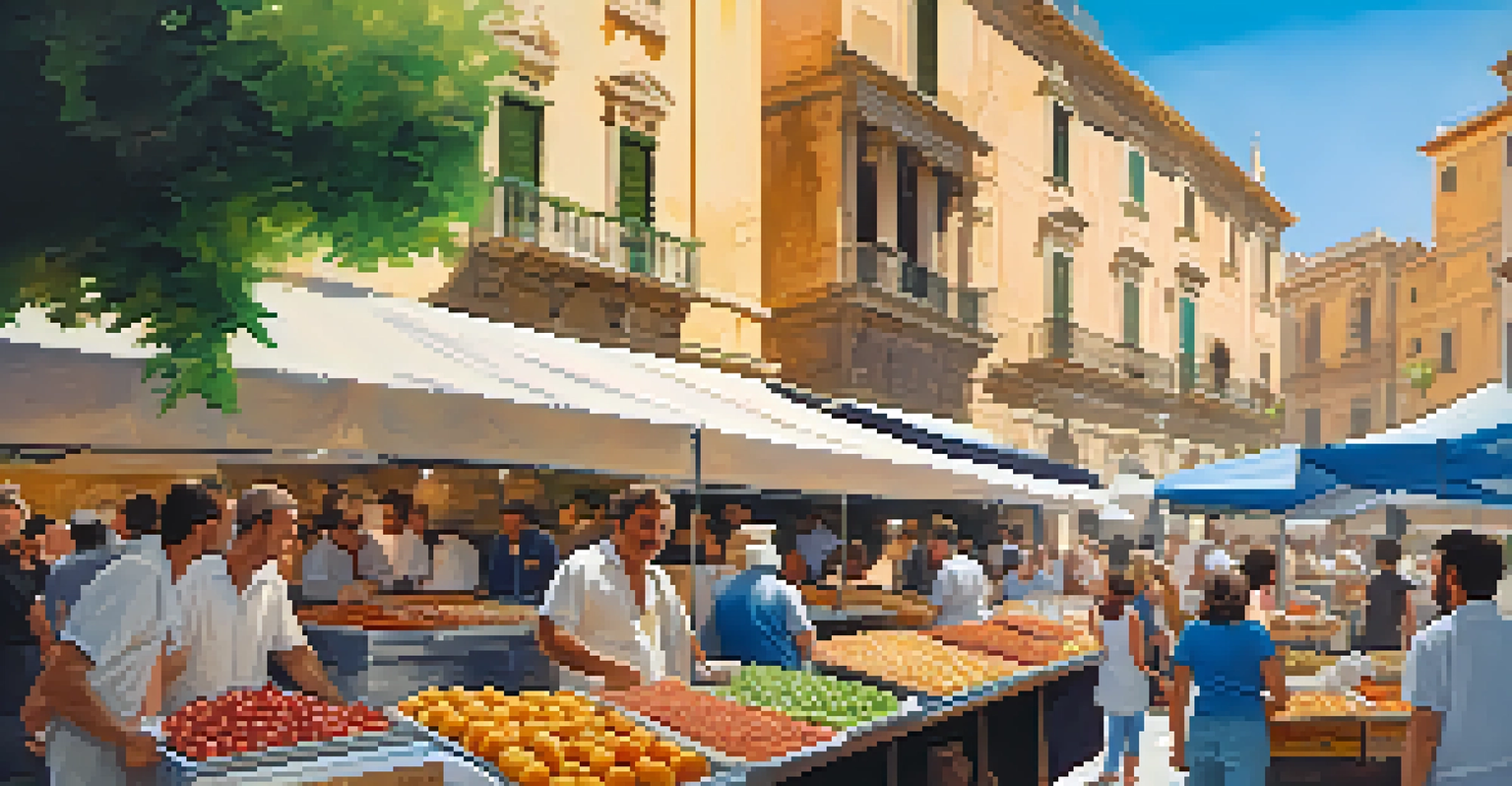 A lively Sicilian street food market with colorful stalls and people enjoying arancini.