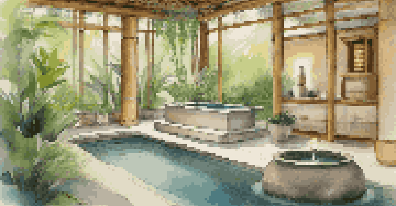 A peaceful luxury spa environment with bamboo and stone decor, a water fountain, and soft lighting surrounded by greenery.