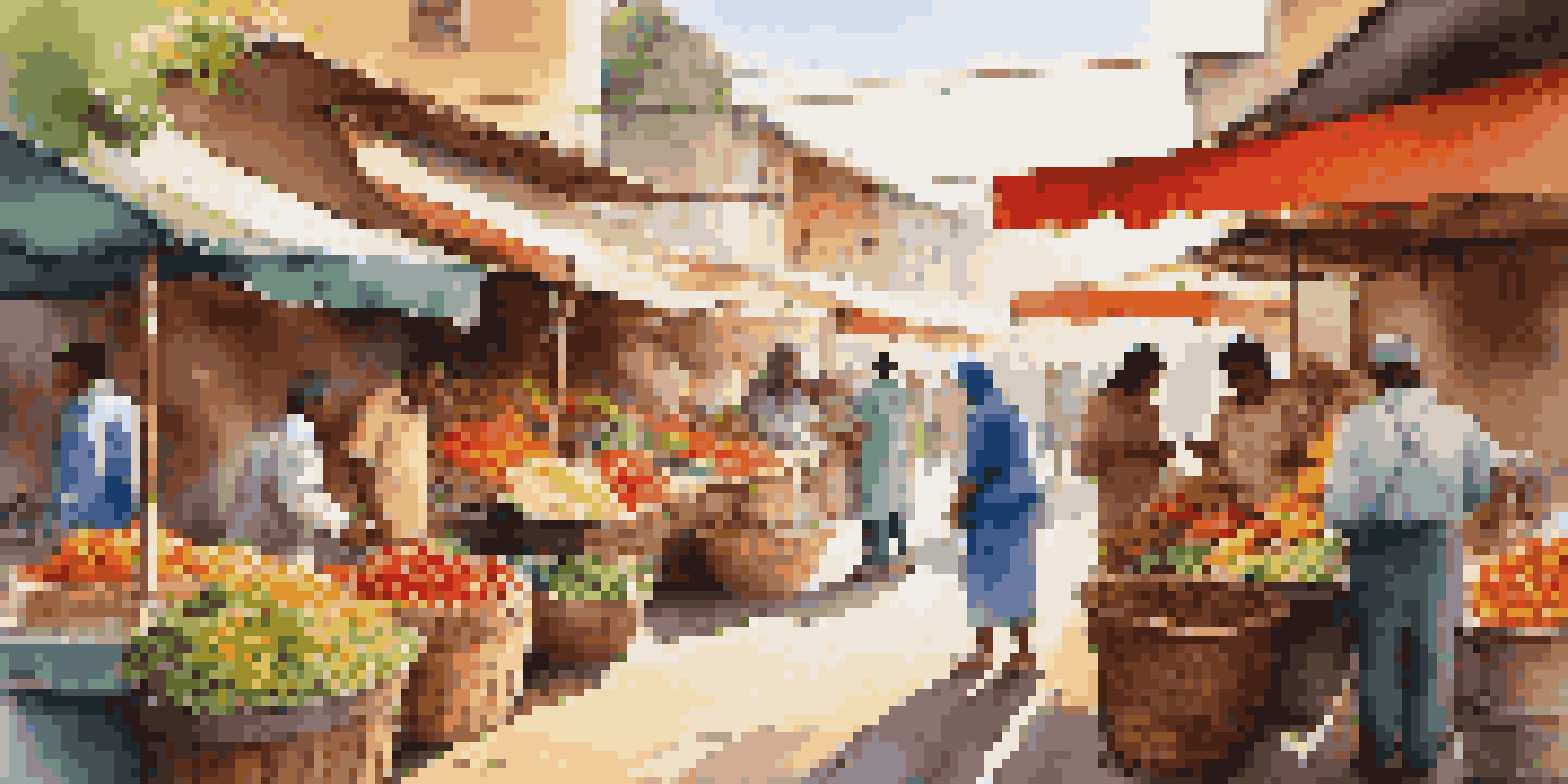 A lively local market with colorful stalls of fresh produce and engaged vendors.